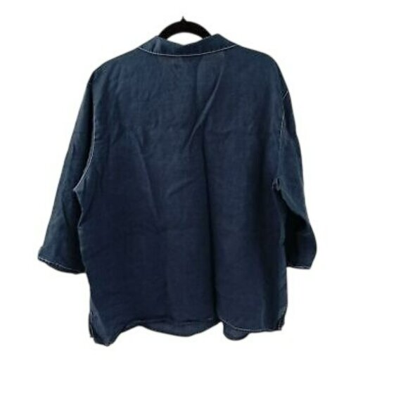Jordan Woman 2X Navy Blue 100% Linen Lace-Up Collared Top With Pocket - Picture 4 of 7